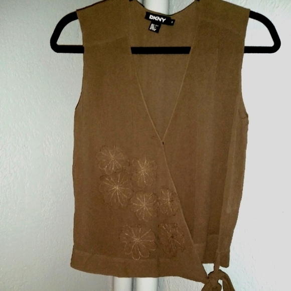 Dkny Tops - DKNY Silk Wrap Top Floral Brown Blouse Semi Sheer Applique Flowers Waist Tie 6 M